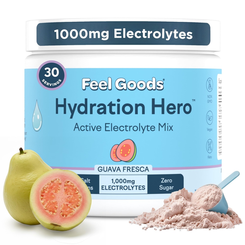 Feel Goods Hydration Hero, 1000mg Electrolytes Powder, Sugar Free, Magnesium, Organic Aloe Vera, Organic Aloe, L Theanine, Vitamina C & B12, Non OGM, Keto, Vegan | Guava Fresca, 30 Servings
