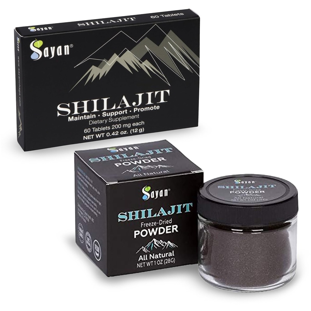 Sayan Shilajit Pure Organic Black Resin Trace Mineral Tablets & Pure Organic Shilajit Extract Freeze-Dry Powder Bundle - Supporto immunitario, Detox, Energy Boost (1 Mese di alimentazione)