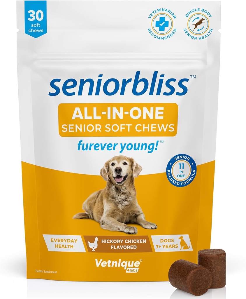 Vetnique Seniorbliss Senior Dog Multivitamin con Glucosamina, Omega 3 Fish Oil e Probiotici - per Giunti Cani, Supporto Digestivo e Immune per una salute ottimale (All-in-One Daily Vitamin, 30 Ct)