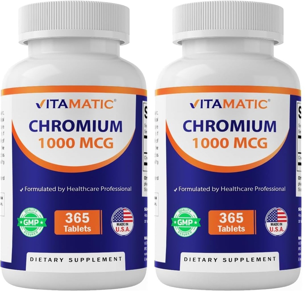 Vitamatic Chromium 1000 mcg | 365 Compresse | High Potency Chromium Picolinate | Non OGM, Gluten Free (Pacchetto di 2)