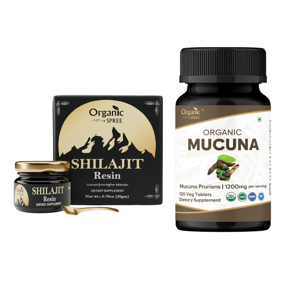 ORGANIC SPREE Pure Himalayan Shilajit Resina & Mucuna Supplemento – 20g & 120 compresse – 85+ Trace Mineral Fulvic Acid Resina & USDA Organic Mucuna Pruriens