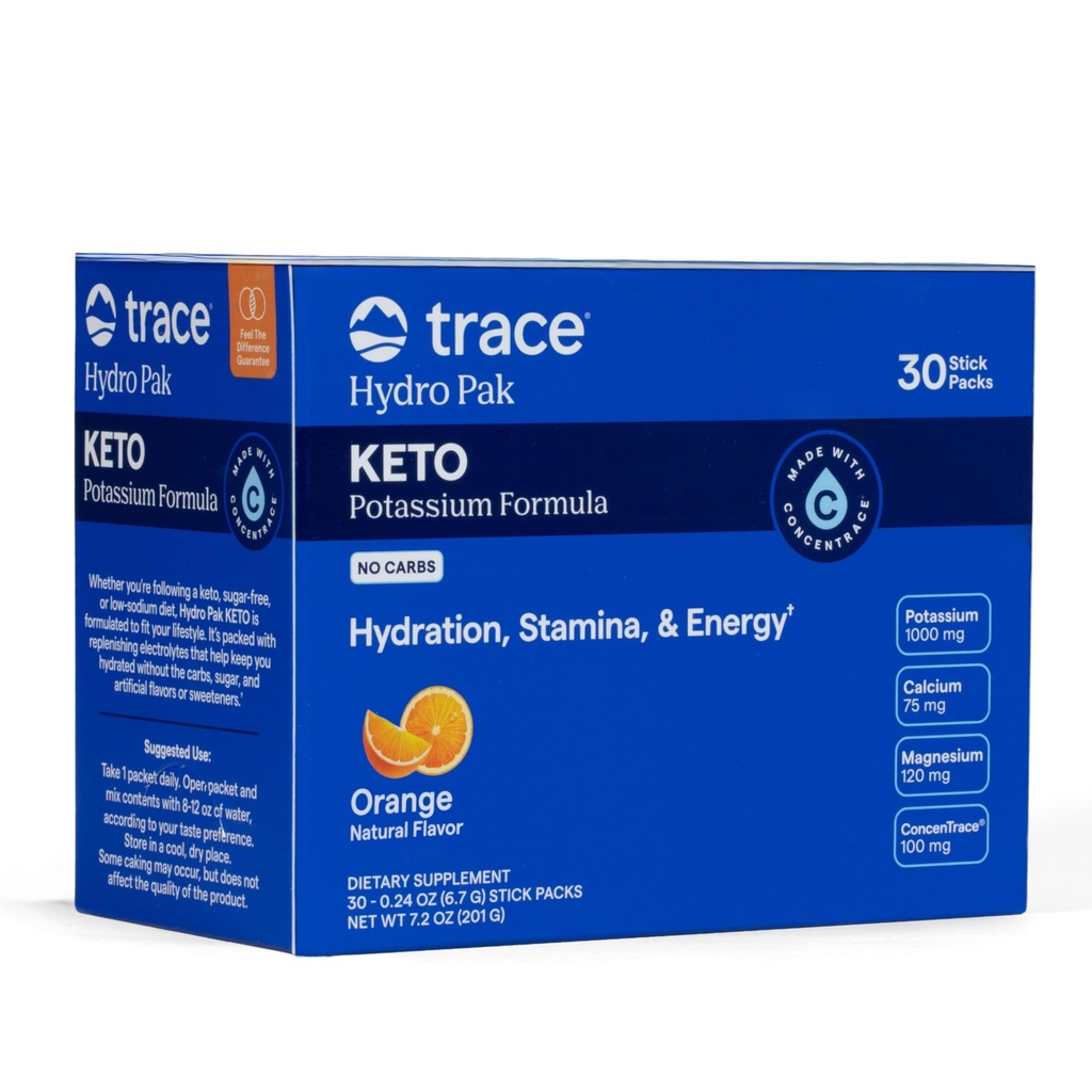 Minerali di Trace Hydro Pak Keto - Miscela di rifornimento di elettrolita – 1000 mg Potassium Plus 70 Supporta energia, Stamina, & Idratazione – Aroma arancione – 30 Serve