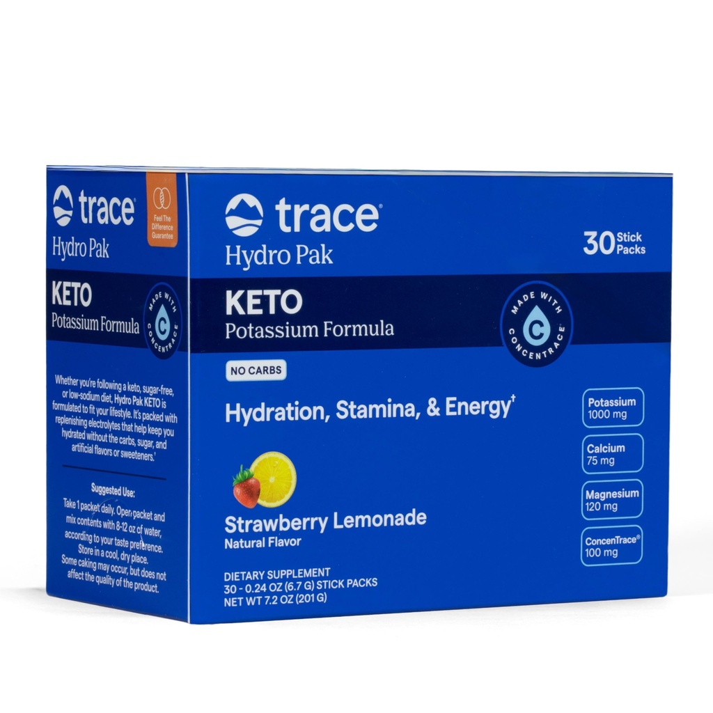 Trace Minerals Hydro Pak Keto - Electrolyte Replenishment Drink Mix – 1000 mg Potassium Plus 70 Supporta energia, Stamina e idratazione – Fragola Limonata Flavor – 30 Serve