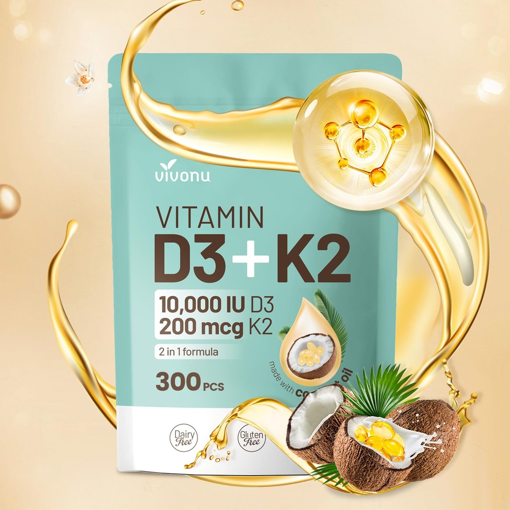 VivoNu Vitamina D3 K2 10000 IU con MK7-300 Virgin Coconut Oil Softgels, 2 in 1 Vitamine D & K Complex | Vitamina D3 con K2 ((1Bag)
