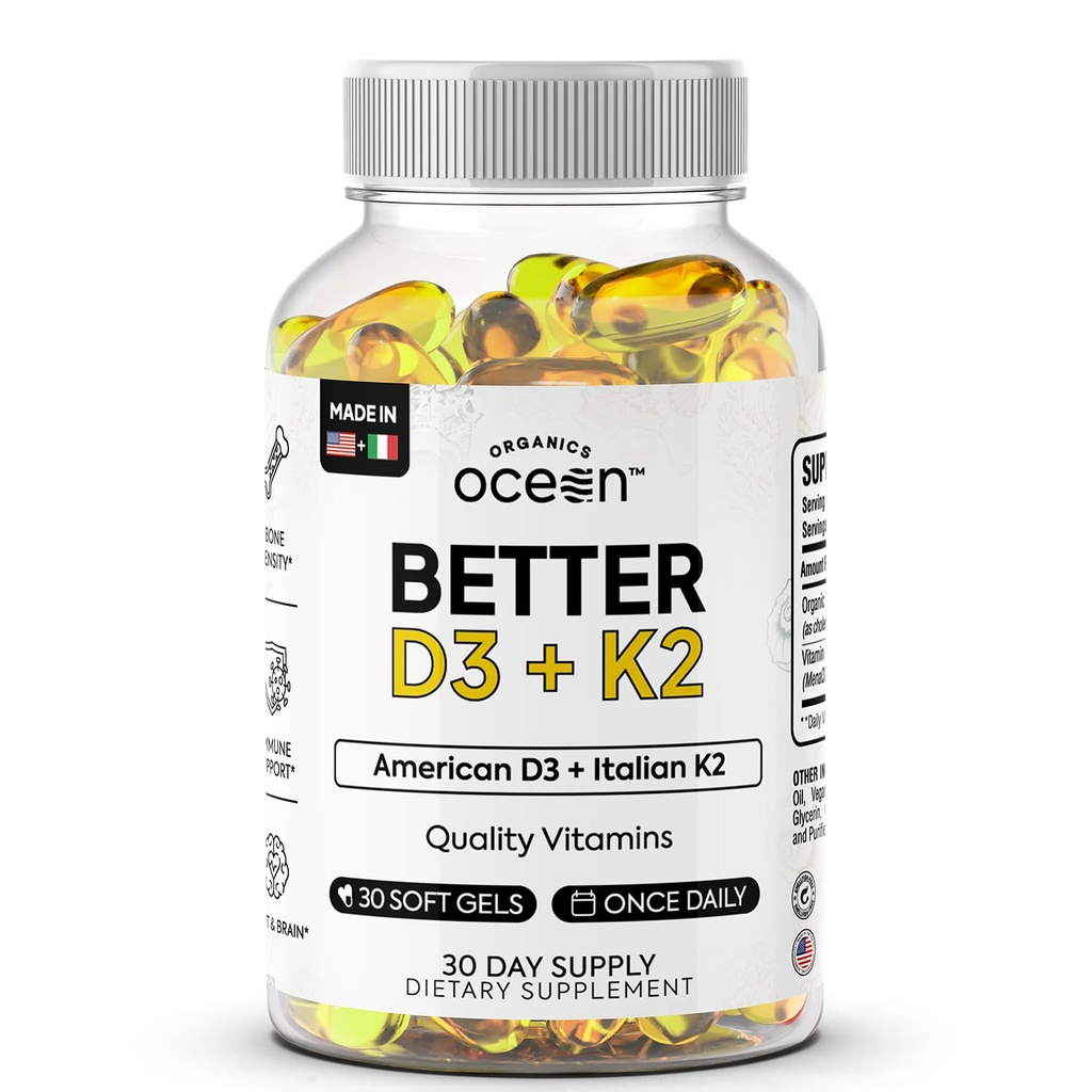 Organics Ocean Better D3 + K2-100% Organic VIT D3 e K2 Integratori con Biodisponibilità Massima - Supporta Densità di Bone, Equilibrio di Calcium, Immunità & Mood - 1-Pack, alimentazione di 30 giorni