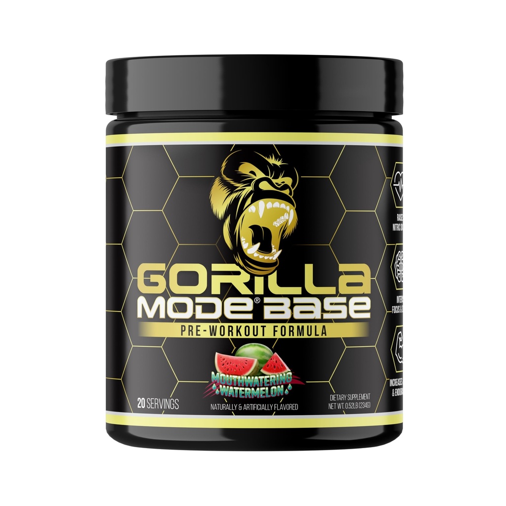 Gorilla Mode Base Pre Workout - Raises Nitric Oxide · Intense Focus & Drive · Endurance · Potenza - L-Citrulline, L-Tyrosine, Betaine, Alpha-GPC, Caffeina, Huperzine A - 234g (Mouthwatering Watermelon)
