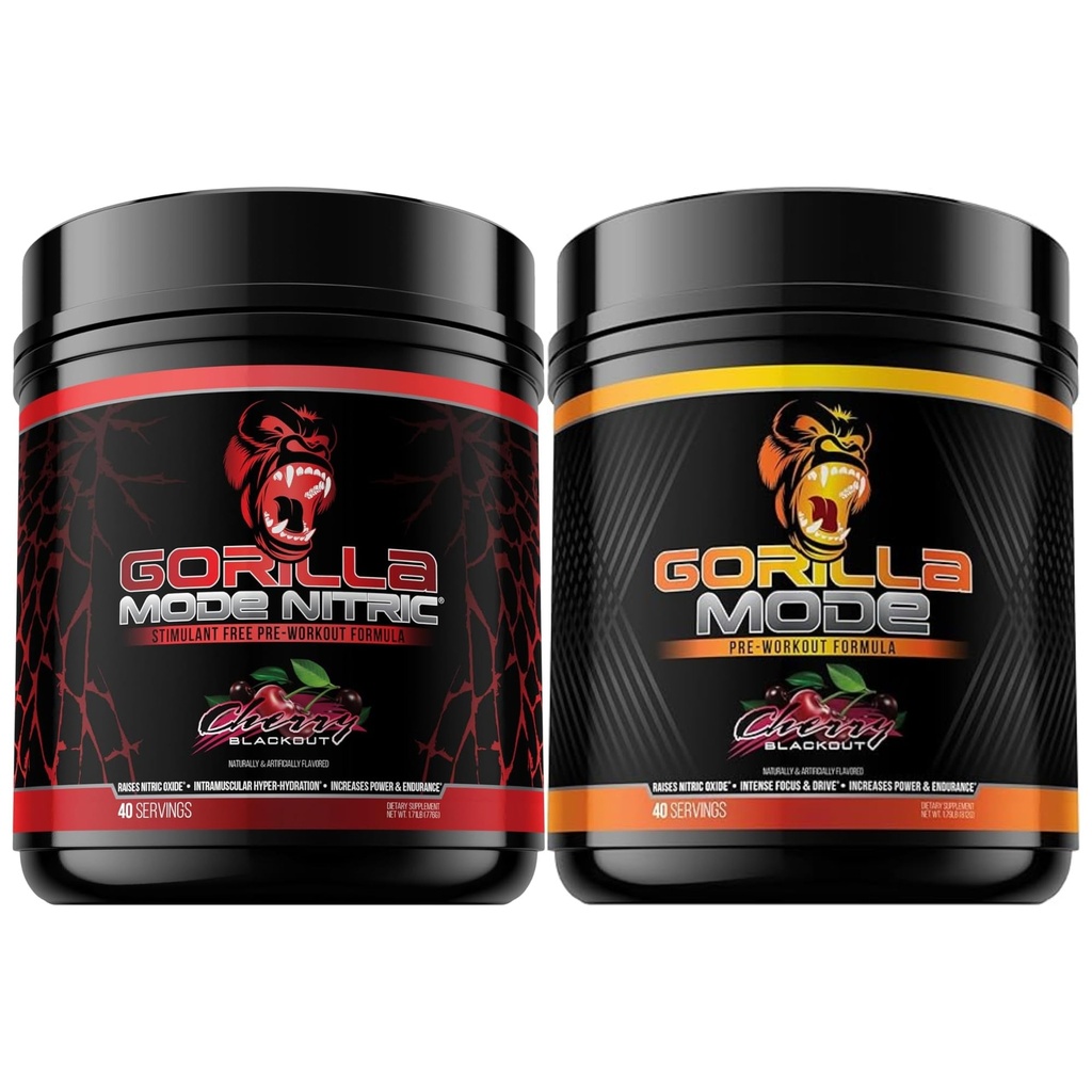 Modalità di Gorilla Pre Workout & Gorilla Modalità Stimolante aggiornato Nitric - Miglior Degustazione & La maggior parte Efficace Stimolant Free Pre-Workout | Pompa di massa | Laser Focus Energy Power (Cherry Blackout)