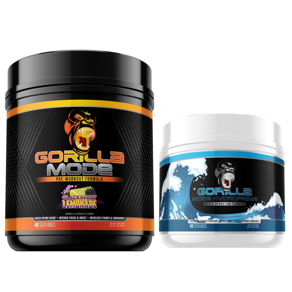 Gorilla Mode Pre Workout (BlackBerry Lemonade) + HydroPrime Glycerol Pre Workout - Stack completo per Hyper-Hydration, Pompa, Potenza, Endurance e Termoregolazione