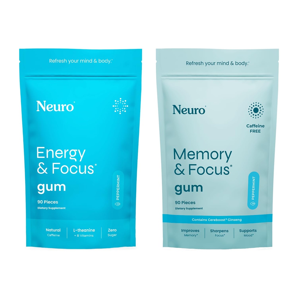 Neuro Focus Set – 90 Count Every (Peppermint) – Gomme da masticare nootropiche senza zucchero con caffeina naturale, L-teanina, B-Vitamins & Ginseng per energia, allertezza e chiarezza