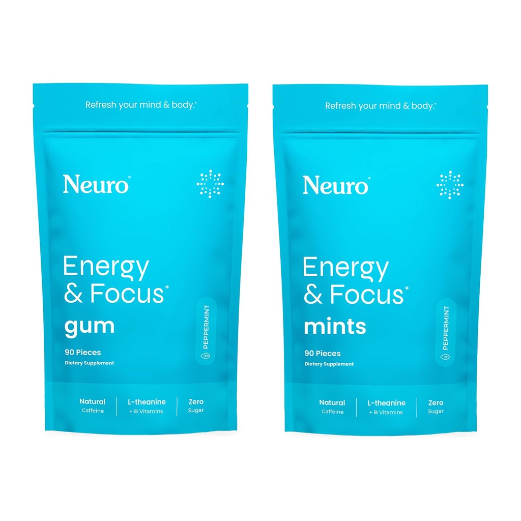 Neuro Energy & Focus Bundle - Peppermint Nootropic Gum (90ct) + Mints (90ct), Caffeina naturale, L-teanina, B12 + B6, Supporto cervello senza zucchero per Clarity & Energy
