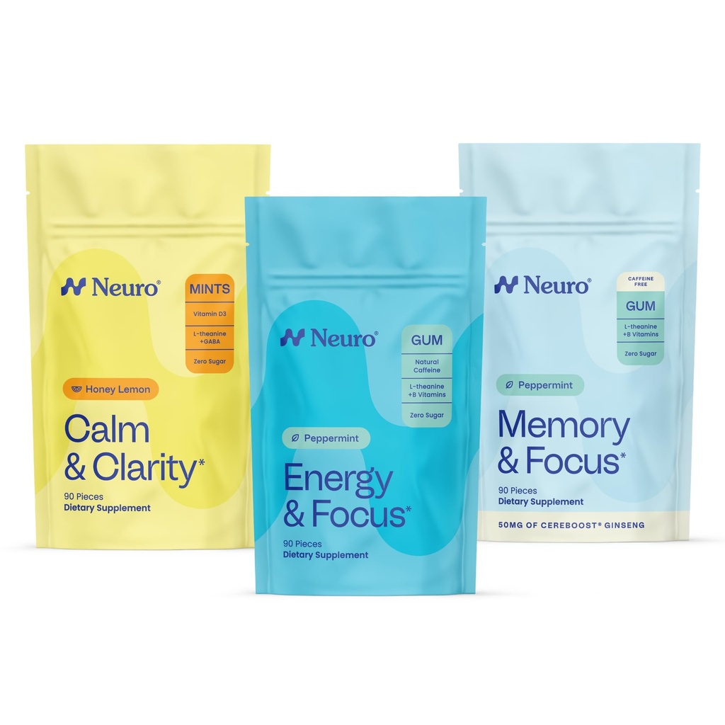 Neuro Cognitive Balance Bundle - Memoria & Focus Nootropic Gum (Peppermint, 90 Count), Sonno & Ricarica Melatonin Mints (Berry, 72 Count), Calma & Clarity Stress Support Mints (Honey Lemon, 90 Count)