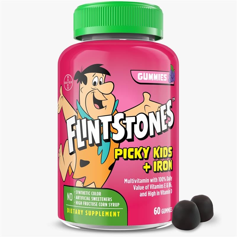 Vitamine Flintstones per bambini Picky + ferro, bambini Multivitaminici Gummies con vitamina C, D, E, B6 e ferro, Vitamine gommose, Uva aromatizzata, 60 Gummies