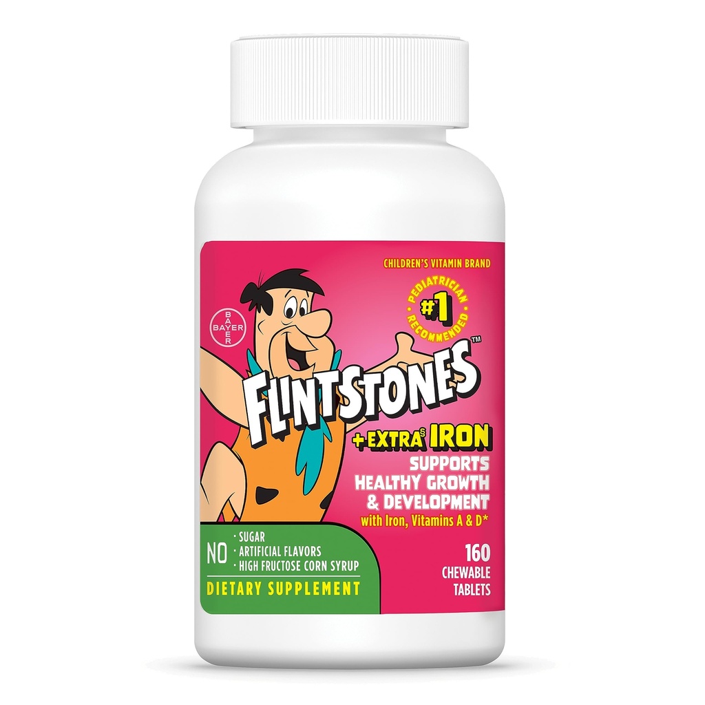 Flintstones Vitamins Chewable Kids Multivitamin con + Ferro Extra per Toddler & Kid con Vitamina C, D, Vitamina B12, 160 Conta (Packaging Will Vary)