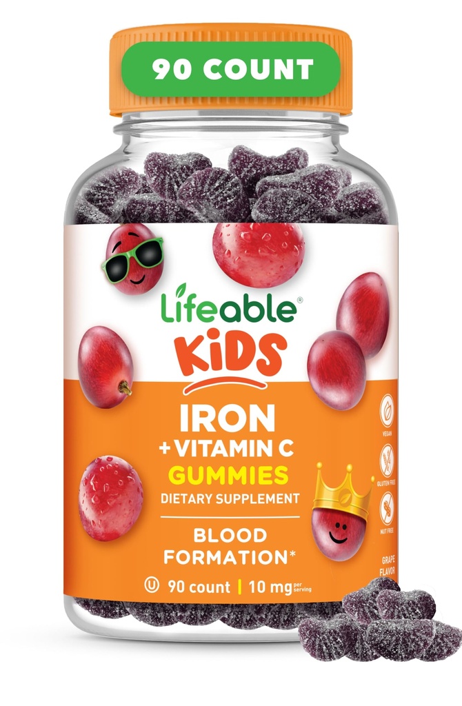 Integratori di ferro per bambini | 10mg | con vitamina C | Gummie di ferro per bambini | Vegan Non OGM Kids Iron | per la salute immunitaria e la carenza di ferro | 90 Gummies | Lifeable