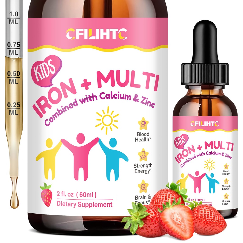 Supplemento di ferro liquido per bambini, donne e uomini - con calcio, zinco, bambini multivitaminico con gocce di ferro - supporto immunitario, sangue Costruttore & supporto energetico per la carenza di ferro, anemia, vegan 2 Fl Oz