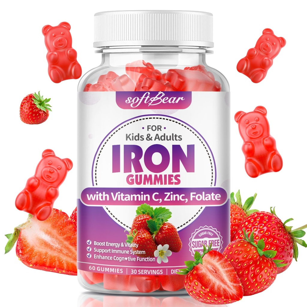 gommoni di ferro per le donne e gli uomini e i bambini, integratori di ferro masticabile con vitamina C, B3, B5, B6,B12 supporta il sistema immunitario, energia e vitalità, senza zucchero / vegano, aroma di fragola 60 Conte