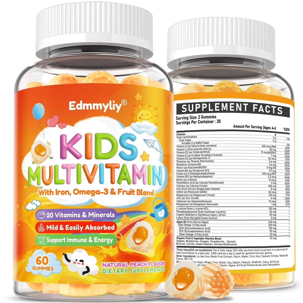 Bambini Multivitaminici Gummies - Vitamine A D3 K2, B-Complex etilato con Omega-3, Ferro da stiro per Immune & Development Support - Organic Mixed-Berry Flavor Multivitamins for Kids Daily - Sugar Free & Vegan