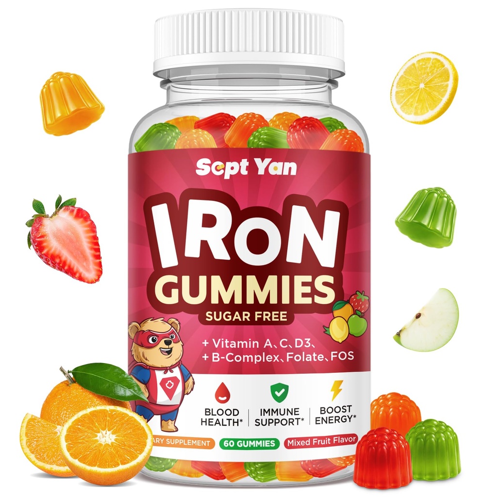 Cummie per bambini, Multivitaminici per bambini con ferro - Vitamina B Complex, C, D3, Calcio, Folate, Zinco, FOS per il sangue Costruttore & Energy Support, Deficienza di ferro, Vegan, Frutta mista, 60 ct