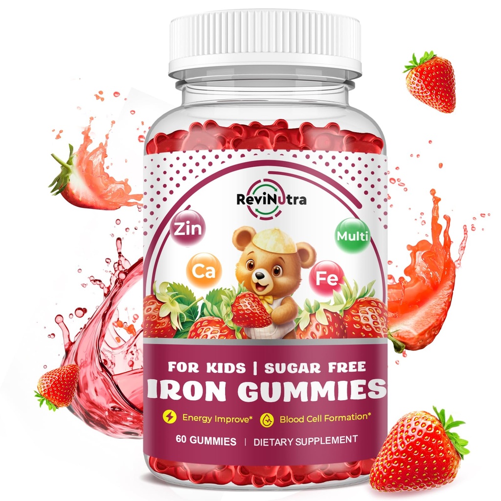 Gommie per bambini - con calcio, zinco, bambini multivitaminico con gommie di ferro - Supporto immunitario, Costruttore di sangue & supporto energetico per la carenza di ferro, Anemia, Vegan - 60 conte