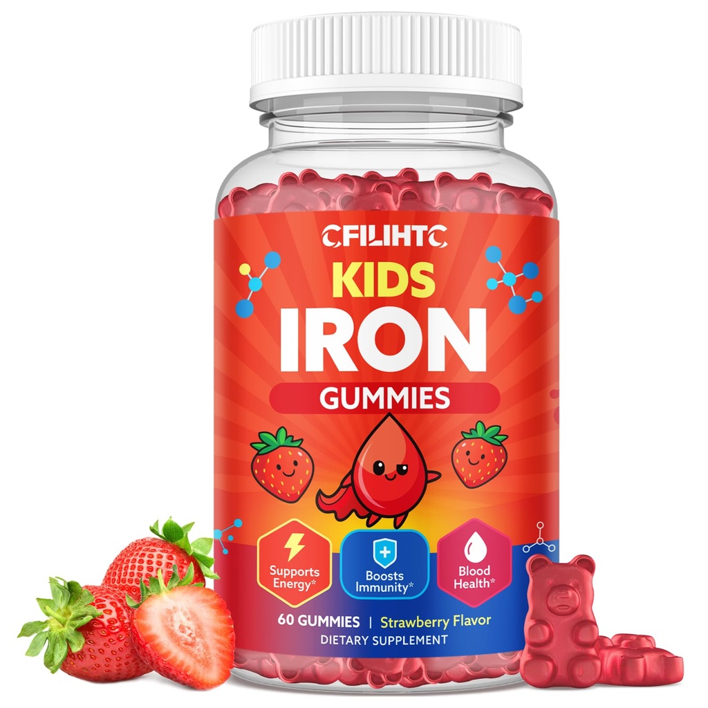 Gummie di ferro per bambini e adolescenti, Multivitaminico per bambini con supplemento di ferro, calcio, follia, zinco, prebiotico - per il supporto di sangue & energia, carenza di ferro - Vegan & Non-GMO - 60 Conte fragola