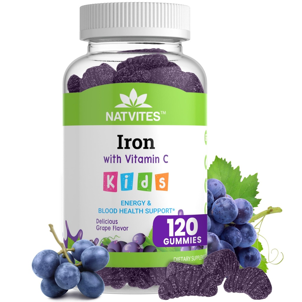 Gummie di ferro per bambini con vitamina C - Delizioso aroma di uva - Energy & Blood Health Support - Gluten Free Non OGM Integratore di ferro per bambini vegetariano per bambini e bambini Età 2+ (120 Conte)