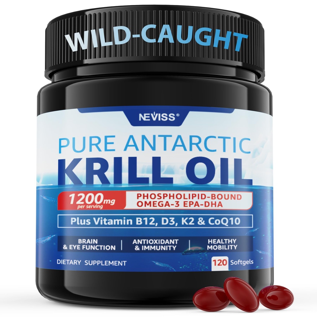 Antartico Krill olio 1200 mg Omega 3 Supplemento, Omega 3 Krill olio Softgels w/EPA, DHA, Astaxanthin & Phospholipids per cervello e antiossidante, Sostenibilmente Fonte, Senza Pesce Aftertaste, 120 Softgels