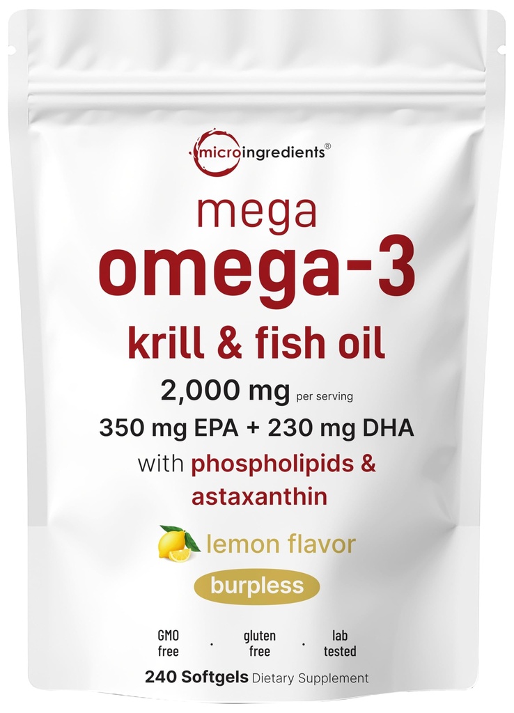 Mega Omega-3 Krill & Fish Oil 2000mg Equivalent, 240 Softgels | Limone aromatizzato | Burpless | Acidi grassi essenziali & Astaxanthin | EPA 350mg + DHA 230mg | Supplemento cuore e cervello