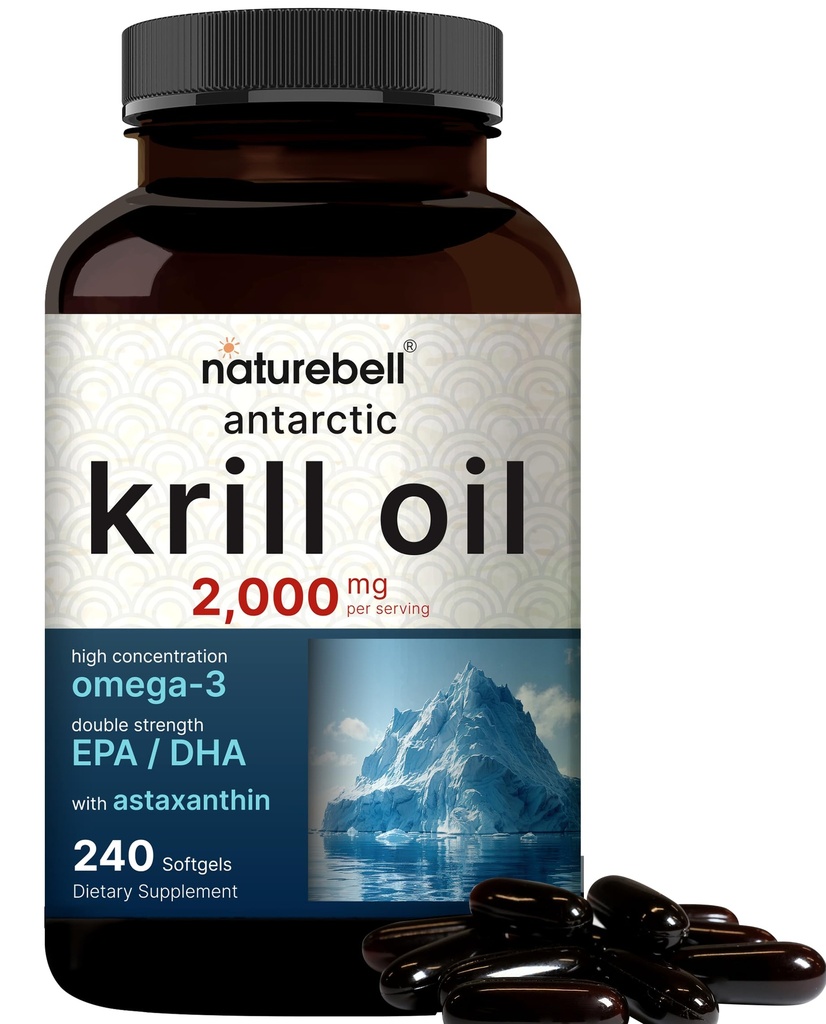 NatureBell Antarctic Krill Oil 2000mg Supplemento, 240 Softgels, 3X Forza Fonte naturale di Omega-3, EPA 240mg + DHA 160mg + Astaxanthin 800mcg – No Fishy Aftertaste – Mercury Free & Non OGM