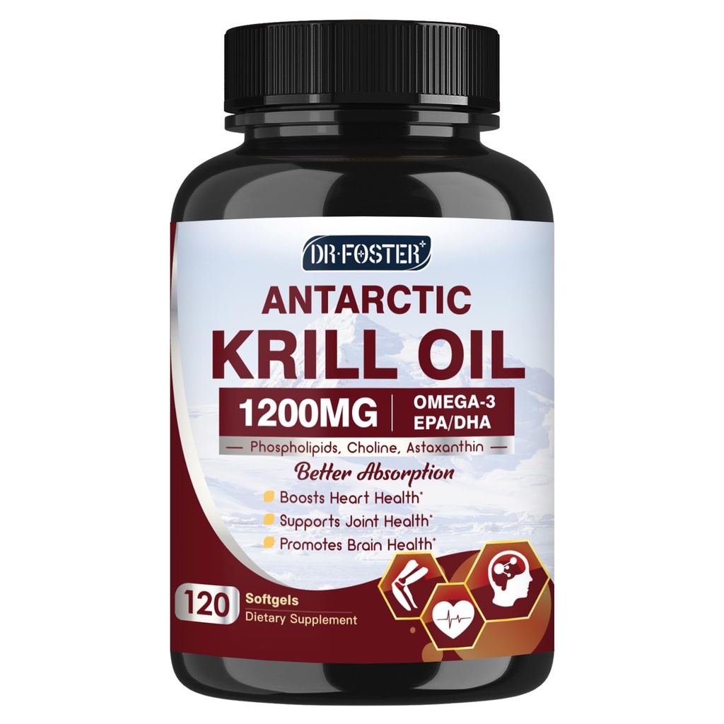 Olio di Krill 1200mg, Antartico Krill olio Omega 3 Supplemento con EPA, DHA, Astaxantina e Phospholipids per il cuore e la salute congiunta, Nessun retrogusto Pesceso, 120 Softgels (60 Servings)