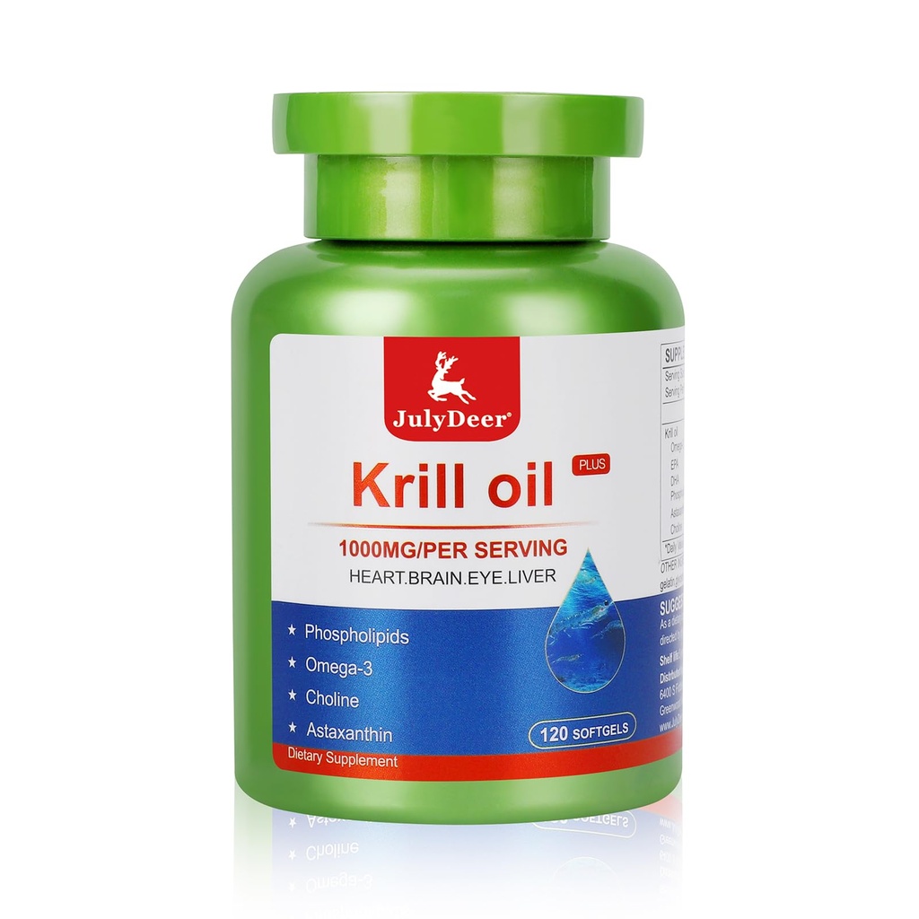LuglioDeer Krill olio 1000 mg con Omega-3s EPA, DHA, Astaxantina e Phospholipids 120 Softgels Supplement, Antartico Krill No Fishy Aftertaste per Joint, Cuore, Cervello e Immunità