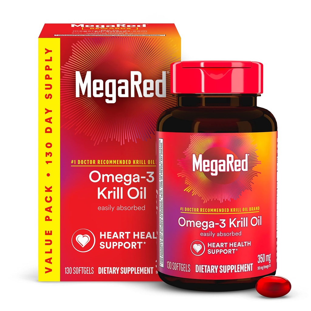 MegaRed - Omega-3 Krill olio 350mg Softgels (130 conta in una bottiglia), EPA & DHA Omega-3 acidi grassi con nessun retrogusto Pesceso A differenza di Fish Oil, contiene antiossidante Astaxantina