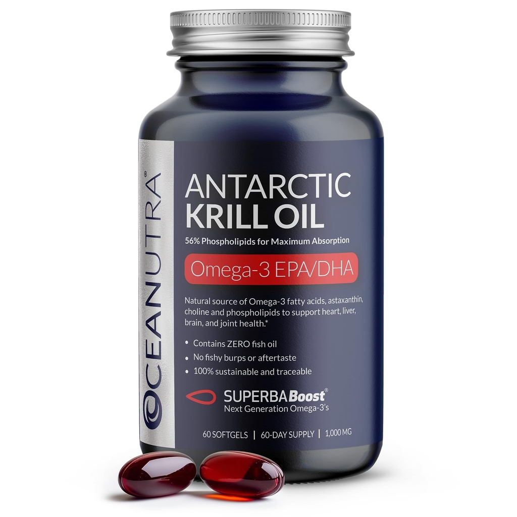 100% Pure Organic Krill olio 1000mg, 60-Day, Omega 3 Supplemento, Alta Concentrazione 56% Phospholipids, Wild Caught, Traceable Antarctic Omega 3, Astaxanthin, Cuore, Nessun Fish Oil