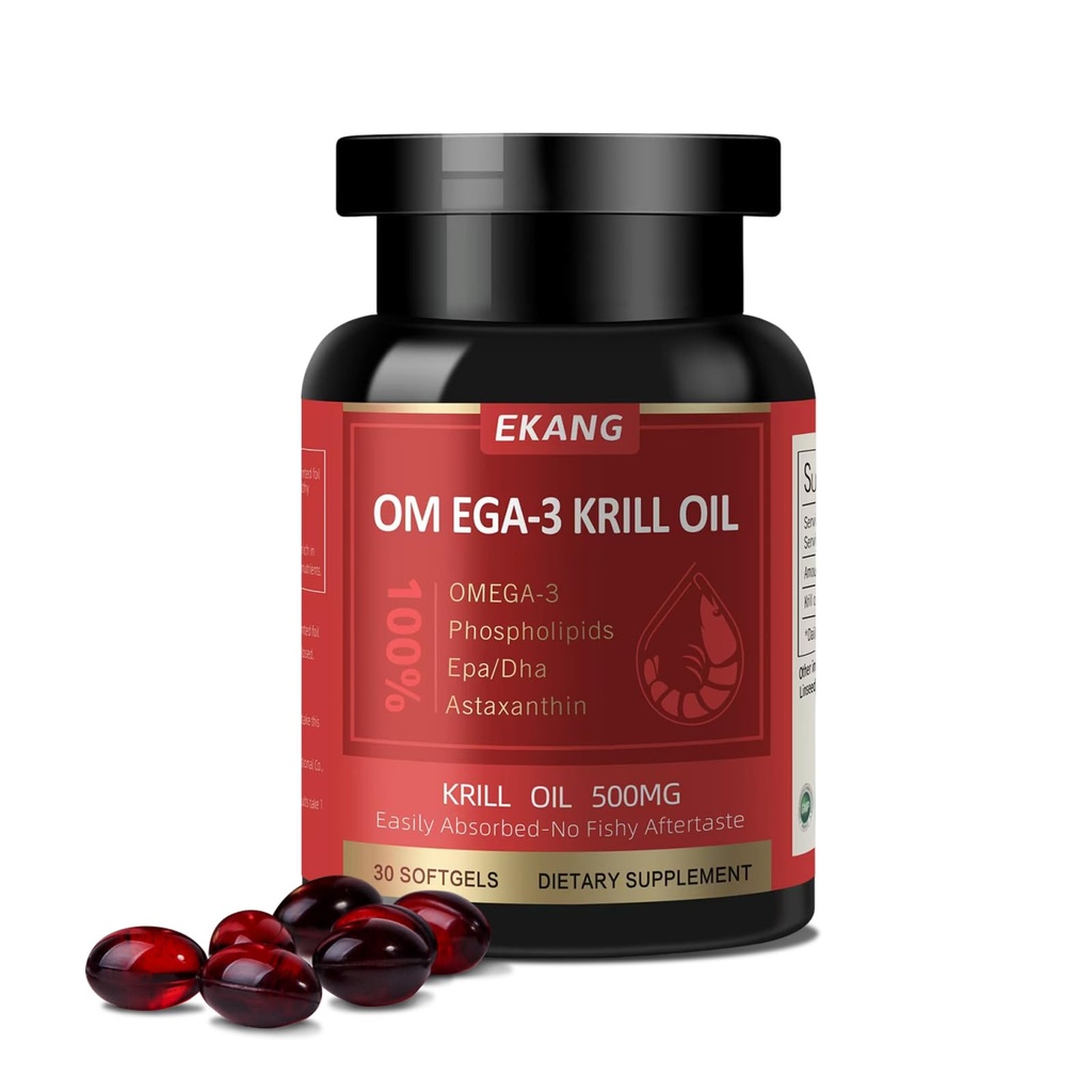 Olio di Krill antartico 500 mg, Phospholipid-Bound Omega-3, EPA, DHA e Astaxantina - facilmente assorbito - Supporta cervello, cuore e salute comune - Non OGM, senza glutine, 30 Softgels