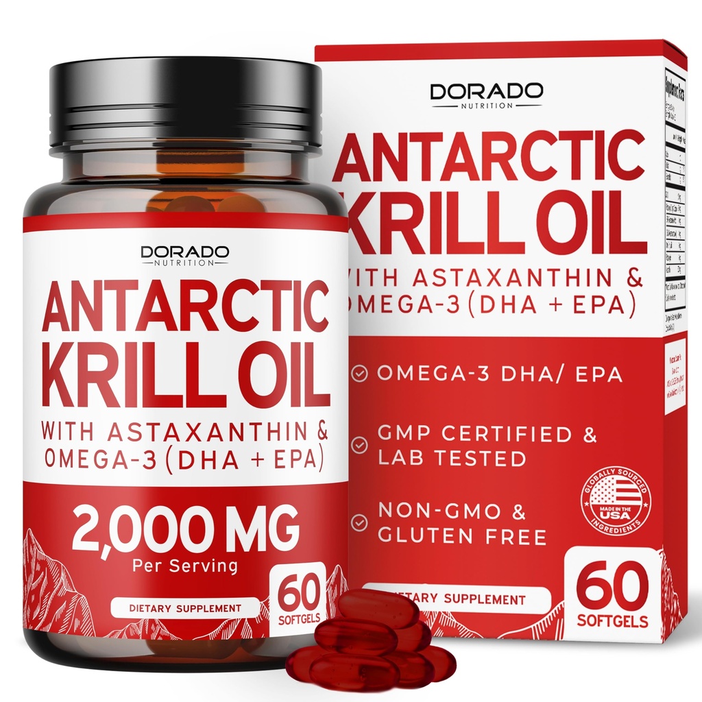 Antartico Krill Oil Supplement (2000mg Per Serving, 60 Softgels) Krill Oil Omega 3 Integratori con EPA, DHA & Astaxanthin - Phospholipid Premium per Adulti - Terze Parti Testate, Non OGM & USA Made