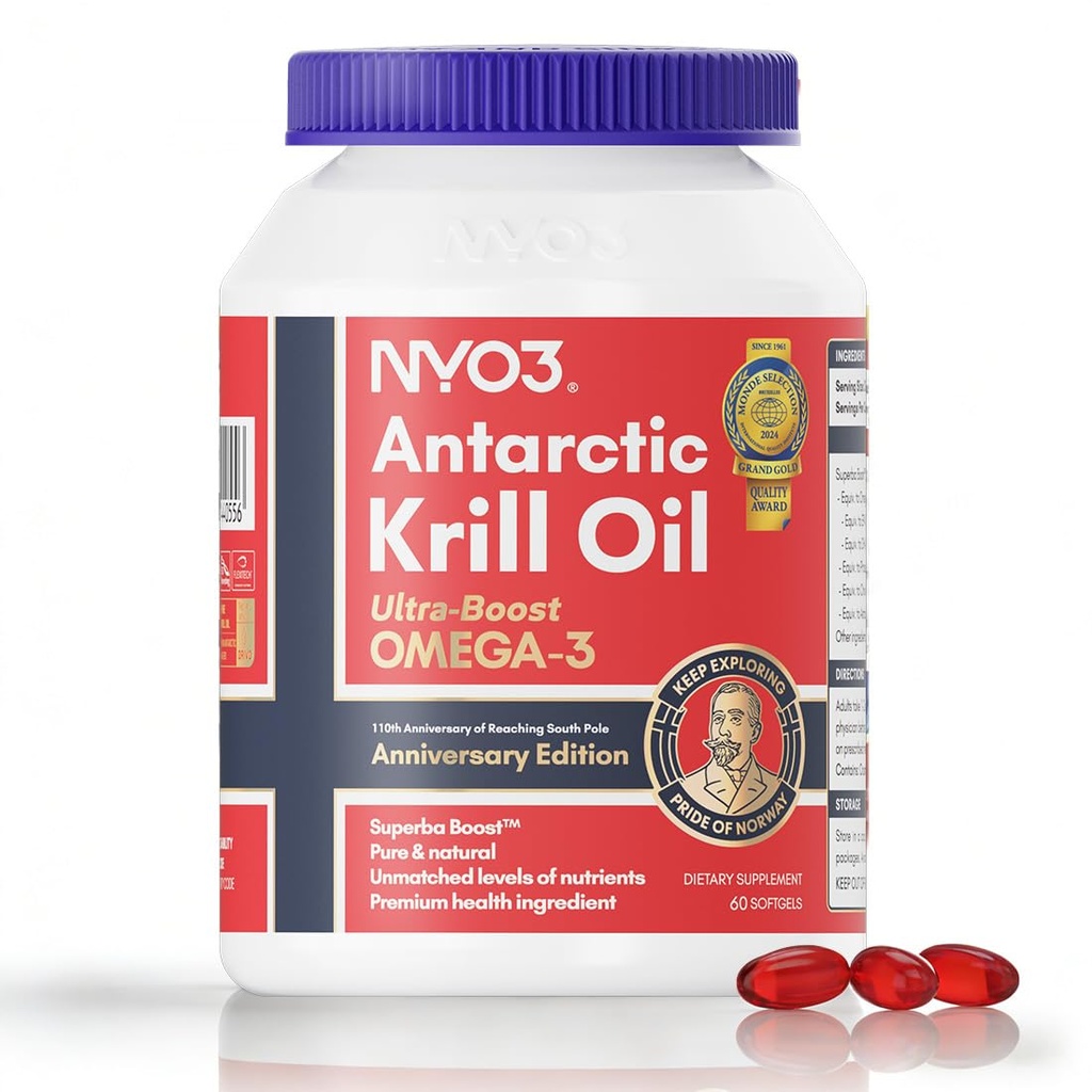 NYO3 Krill olio 1000mg Omega 3 Supplemento, 56% Phospholipids per l'assorbimento del 98%, Antartico Superba Boost Krill olio, EPA & DHA per cuore cervello sangue Lipid Salute, No Fishy Burps, 60 Softgels