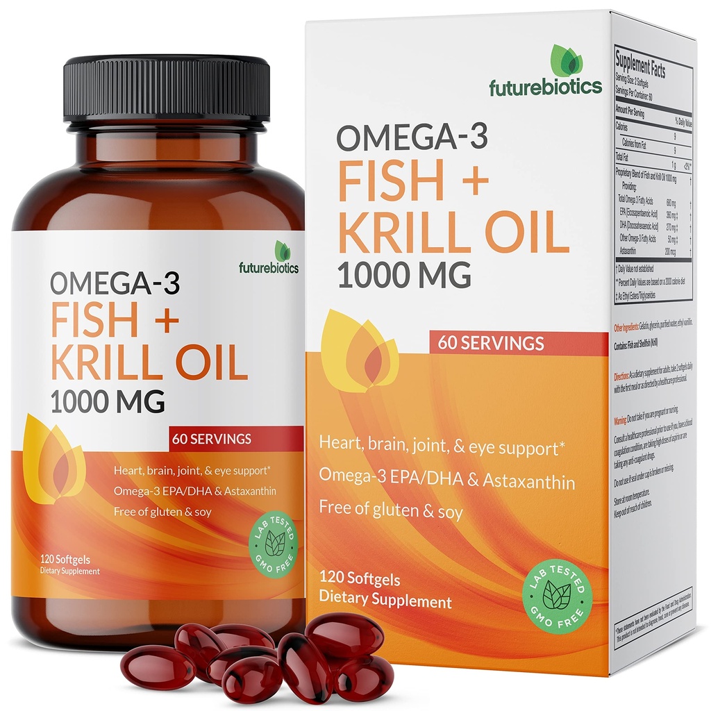 Futurebiotici Omega-3 Pesce + Krill Olio 1000 MG Omega-3 EPA/DHA & Astaxanthin - Non OGM, 120 Softgels (60 Serve)