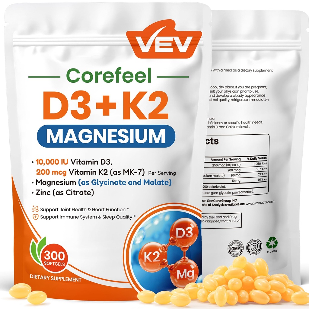 VEV Corefeel Vitamina D3 K2 10.000 IU Magnesio Supplemento – con Vitamina D e K (MK-7), Magnesio Glycinate & Malate, Zinc Citrate – 300 Softgels per l'energia, Bone & Muscle Support