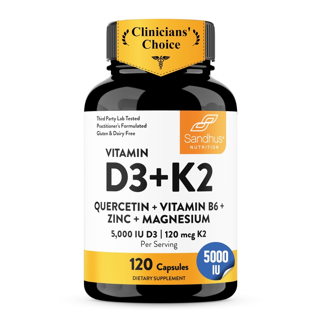 Vitamina D3 K2 Magnesio 5000 IU di Sandhu, 120mcg K2 Capsule 120 Conte (Pack of 1) | con VIT B6, Zinc & Quercetin | D3K2 Supporta Assorbimento Superiore, Energia, Immune, Salute Muscolare per Uomini e Donne