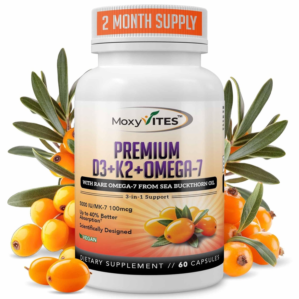 MoxyVites Vitamin D3 K2 5000 IU – Alto assorbimento D3 + K2 MK-7 con Sea Buckthorn Oil & Omega-7 – Bone, cuore e supporto immunitario per le donne & uomini – 60 capsule vegane