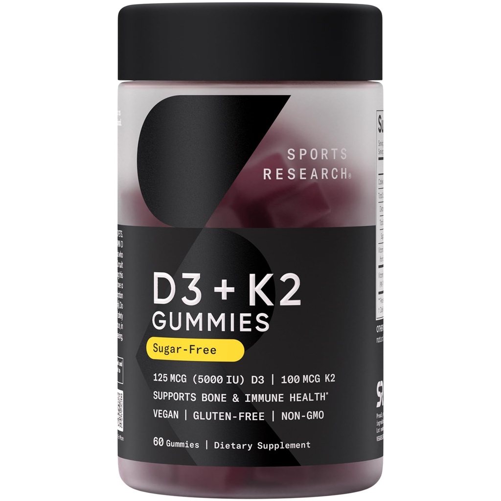 Ricerca sportiva® Vegan Vitamin D3 + K2 Gummies senza zucchero - 125mcg (5000iu) Vitamina D w/ 100mcg Mk7 Vitamin K - Supporta Bone & Immune Health* - Vegan Certified · Non-GMO · Soy Free - 60 Count