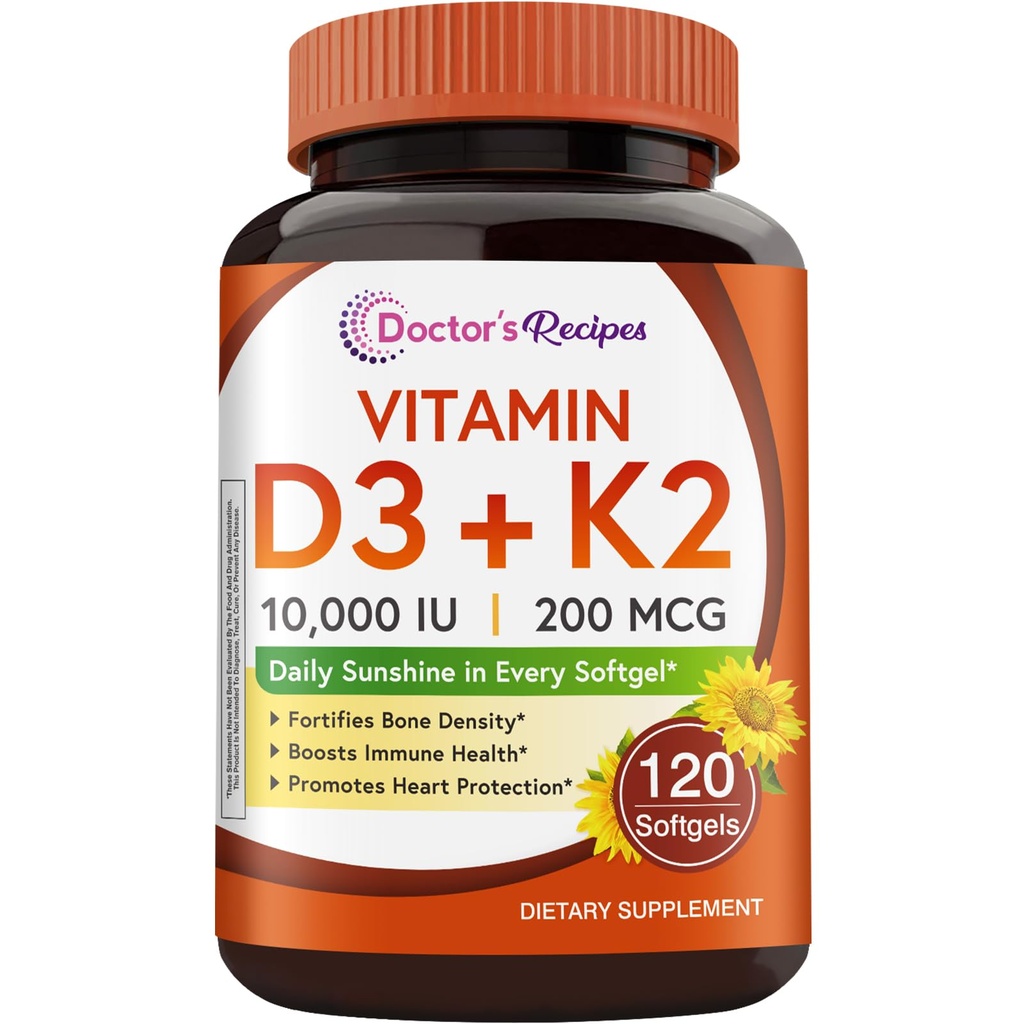 Vitamina D3 K2, 10.000 IU, 200 mcg, MK-7, forte densità di ossa, denti, immuni, supporto cardiaco, energia, assorbimento di calcio, no soia e glutine, non OGM, 120 Softgels