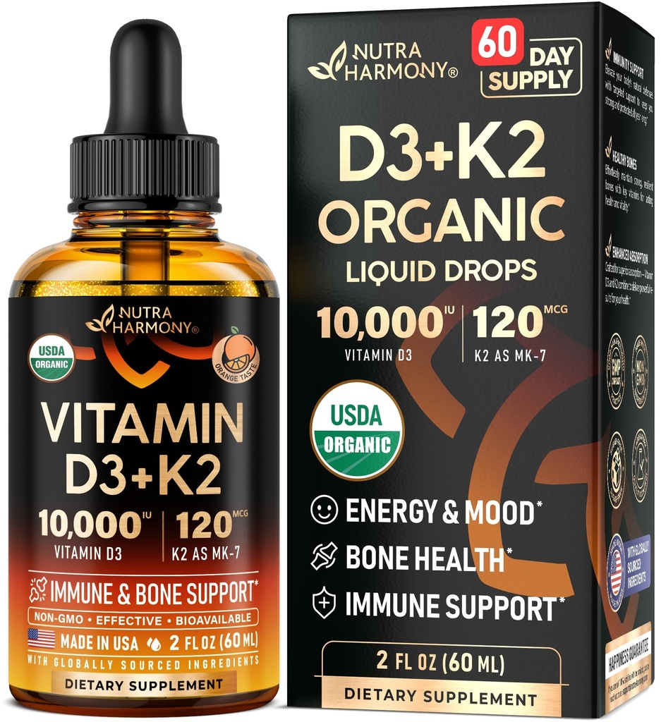 Vitamina D3 K2 USDA Gocce Organiche - Vitamina D3 10000 IU & K2 come MK-7 120mcg - Supporto Immune & Mood, Bone & Teeth Health - Arancio senza zucchero - Supplemento liquido - Made in USA - 2 FL OZ, 60 giorni