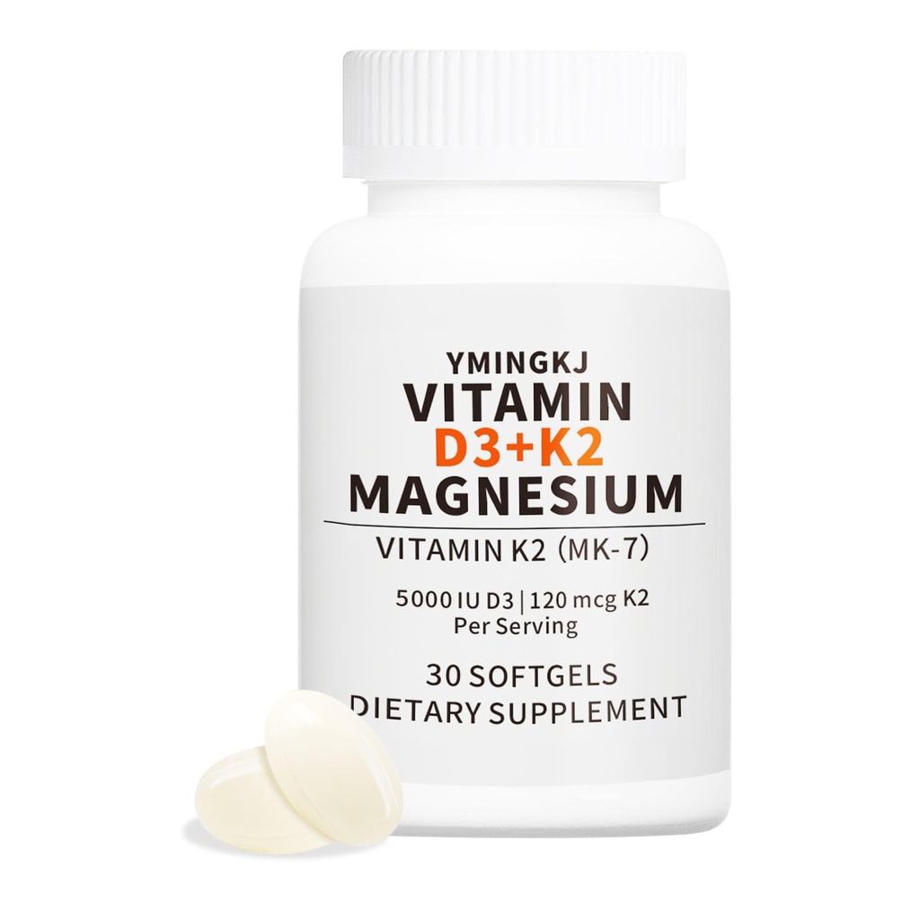 Vitamina D3 K2 5000 IU Softgels con Magnesium Supplement - & 120mcg MK-7 K2 per Bone Health & Immune Support - Softgel senza glutine e non OGM con MCT Oil- 30 Softgel