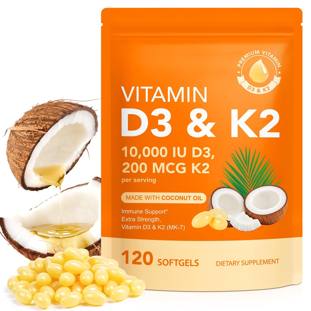 Vitamina D3 K2 con olio di cocco - Vegan Vitamin D3 & Mk7 Vitamina K2for Bone & Supporto immunitario - Non OGM, Soia Free - 120 Softgels