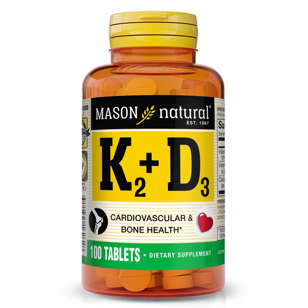 MASON Vitamina NATURAL K2 + D3, 100, alimentazione giornaliera, con calcio per il supporto normale di ossa e muscoli, compresse