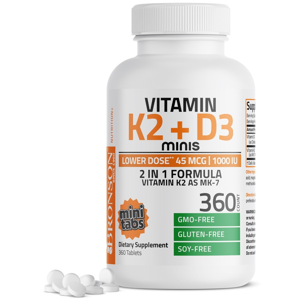 Bronson vitamina K2 (MK7) con D3 Dose inferiore 45mcg Vitamina K2 & 1000 IU Vitamina D3 Facile da ingoiare Manutenzione giornaliera 2 in 1 Formula Non OGM, 360 Mini Tablet