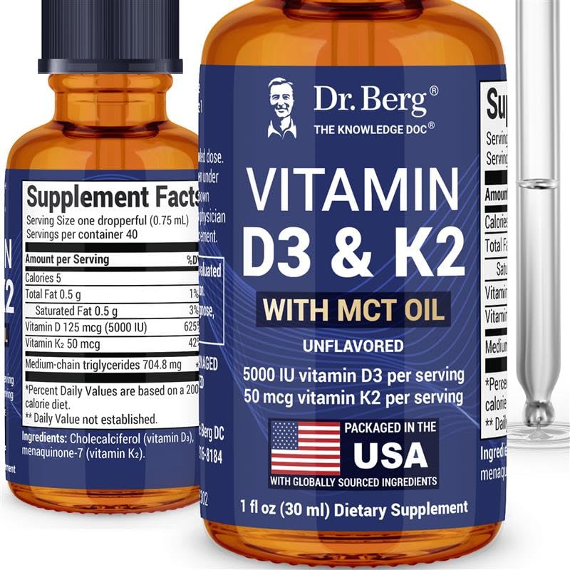 Dr. Berg Massima resistenza Vitamina D3 K2 Gocce liquide con olio MCT – 5.000 IU vitamina D3 liquida con K2 – Supporta ossa forti, cuore, energia, immunità e vitalità complessiva* - Non aromatizzato 1 Fl Oz