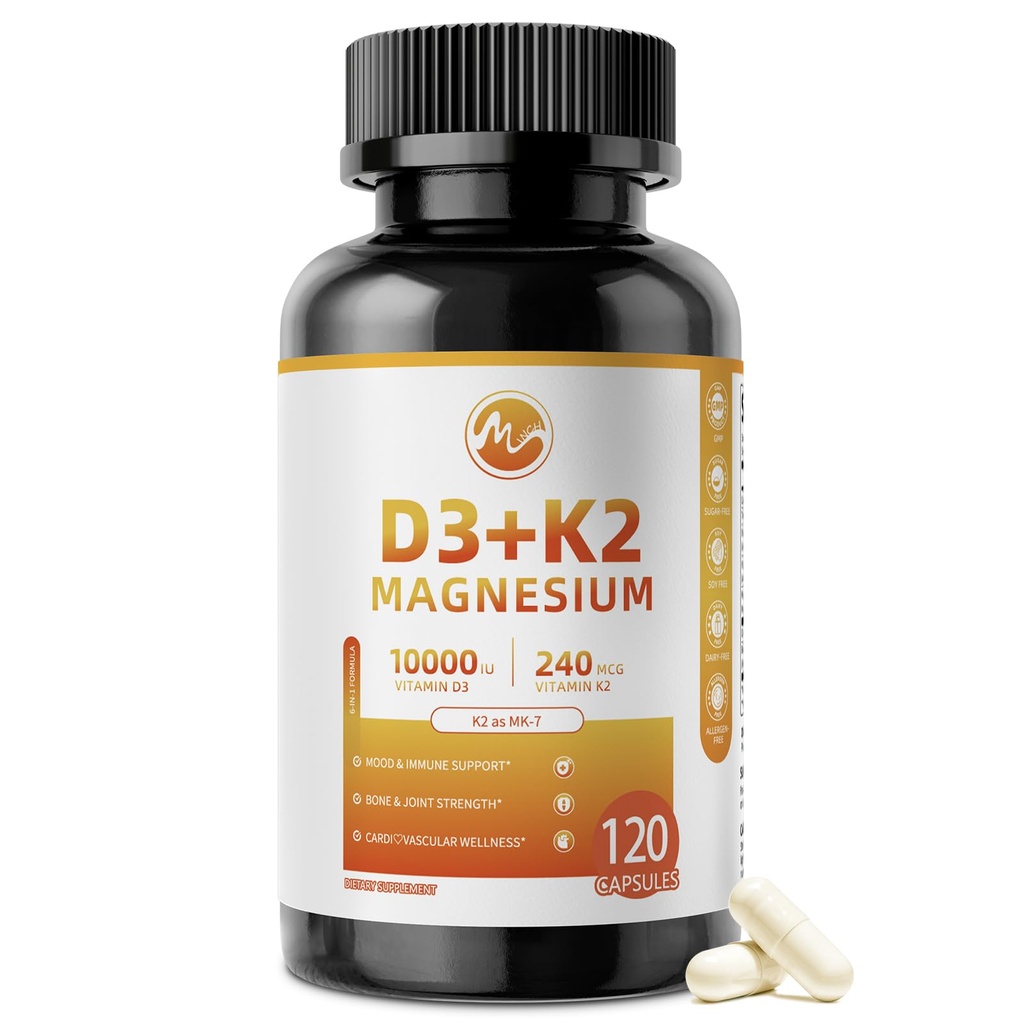 M pollice Vitamina D3 K2 con Magnesio, Vitamina D3 10000 IU, Vitamina K2 MK-7 240 mcg, 6-in-1 K2 D3 Integratore di vitamina con Quercetina per Bone, Supporto Immune & Moo*d, Altamente Biodisponibile, 120 Capsule