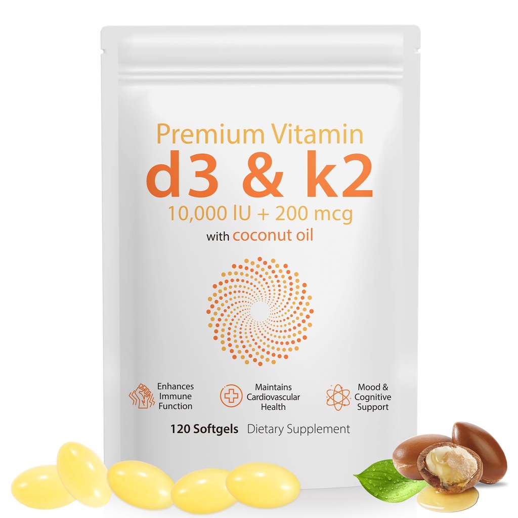 Daiasns Vitamin D3 K2 10000iu supporta la salute del muscolo e del cervello - Supplemento D3 K2 ad alta potenza aiuta nel supporto immunitario e cardiovascolare - 120 Softgels