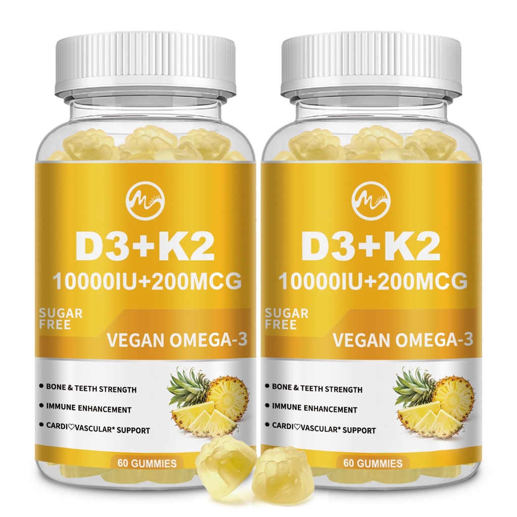 M inch Vitamina D3 K2 Gummies, Vitamina D3 10000IU, K2 (MK-7) 200mcg, 6-in-1 Vitamina D3 con K2 Supplemento con Omega-3 per le donne e gli uomini - Bones, Teeth & Immune Support, Sugar Free, 2 Pack